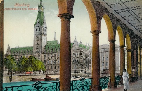 Hamburg Alsterarkaden und Rathaus um 1900